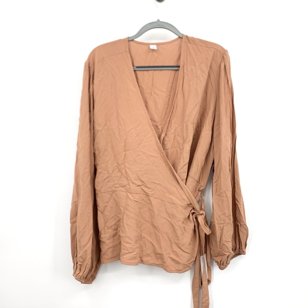 Old Navy Women Size XXL Blouse True Wrap Top Long‎ Sleeve Brown Beige Tie Shirt